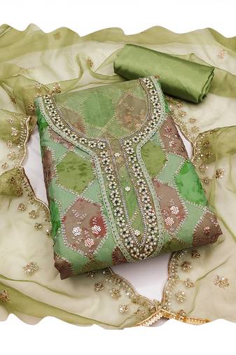 Light green organza women embellished & embroidered unstitched dress material (unstitched 3 piece dress material)