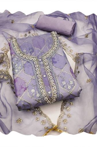 Light lavender organza women embellished & embroidered unstitched dress material (unstitched 3 piece dress material)