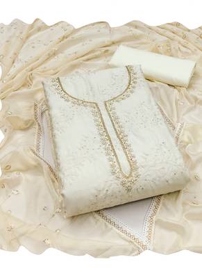 Off white cotton women embellished & embroidered unstitched dress material (unstitched 3 piece dress material) 1