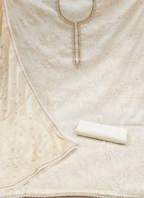 Off white cotton women embellished & embroidered unstitched dress material (unstitched 3 piece dress material) 2