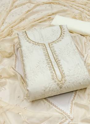 Off white cotton women embellished & embroidered unstitched dress material (unstitched 3 piece dress material) 3