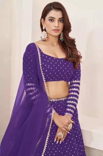  violet embroidered georgette lehenga set choli with dupatta