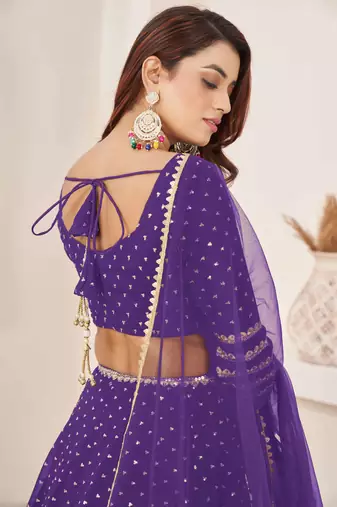  violet embroidered georgette lehenga set choli with dupatta