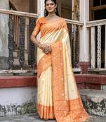 Orange Soft Raw Silk Saree Contrast Weaving Border With Fancy Tassels And Contrast Blouse For Women