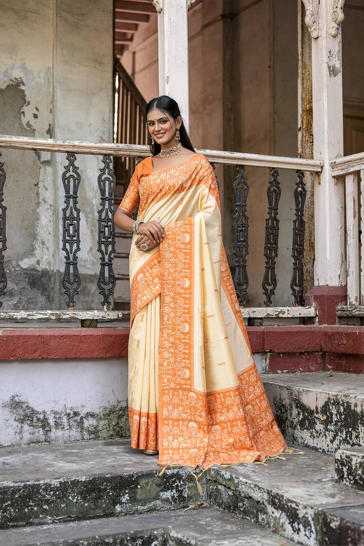 Orange Soft Raw Silk Saree Contrast Weaving Border With Fancy Tassels And Contrast Blouse For Women