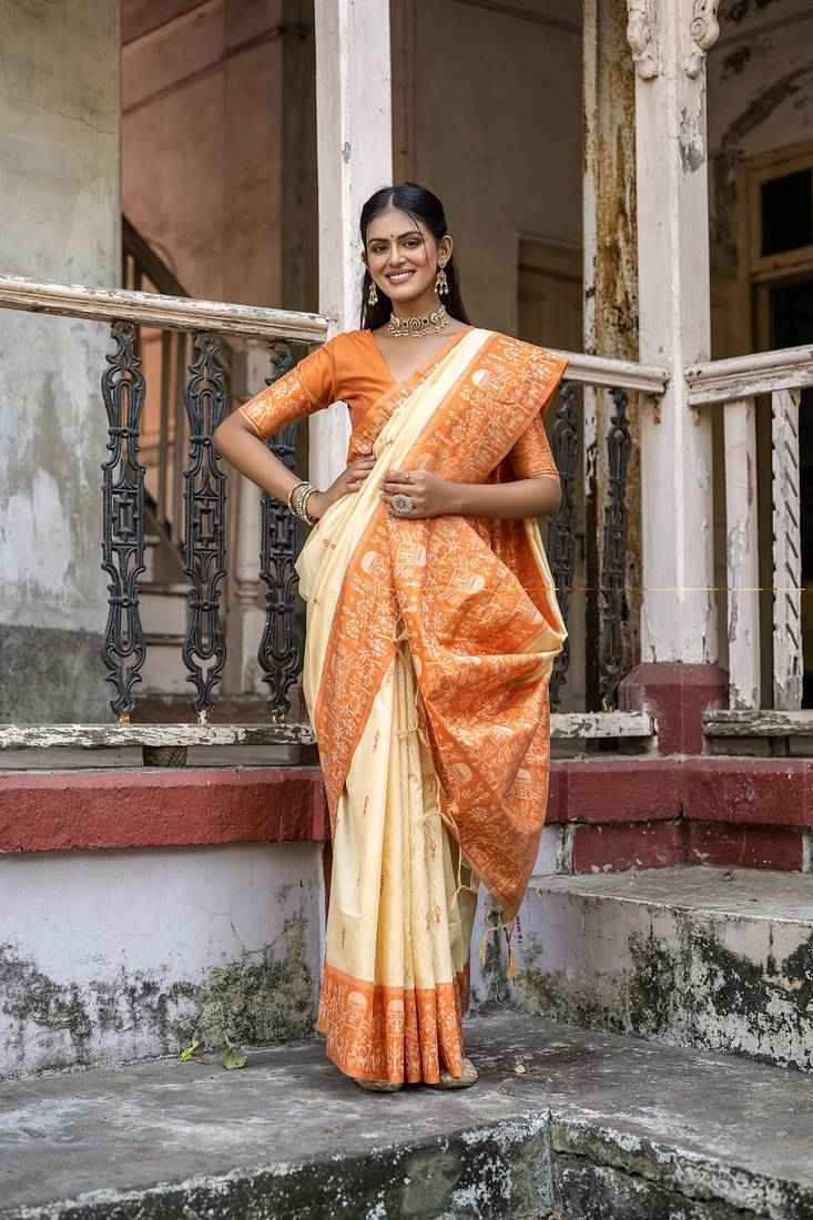 Orange Soft Raw Silk Saree Contrast Weaving Border With Fancy Tassels And Contrast Blouse For Women