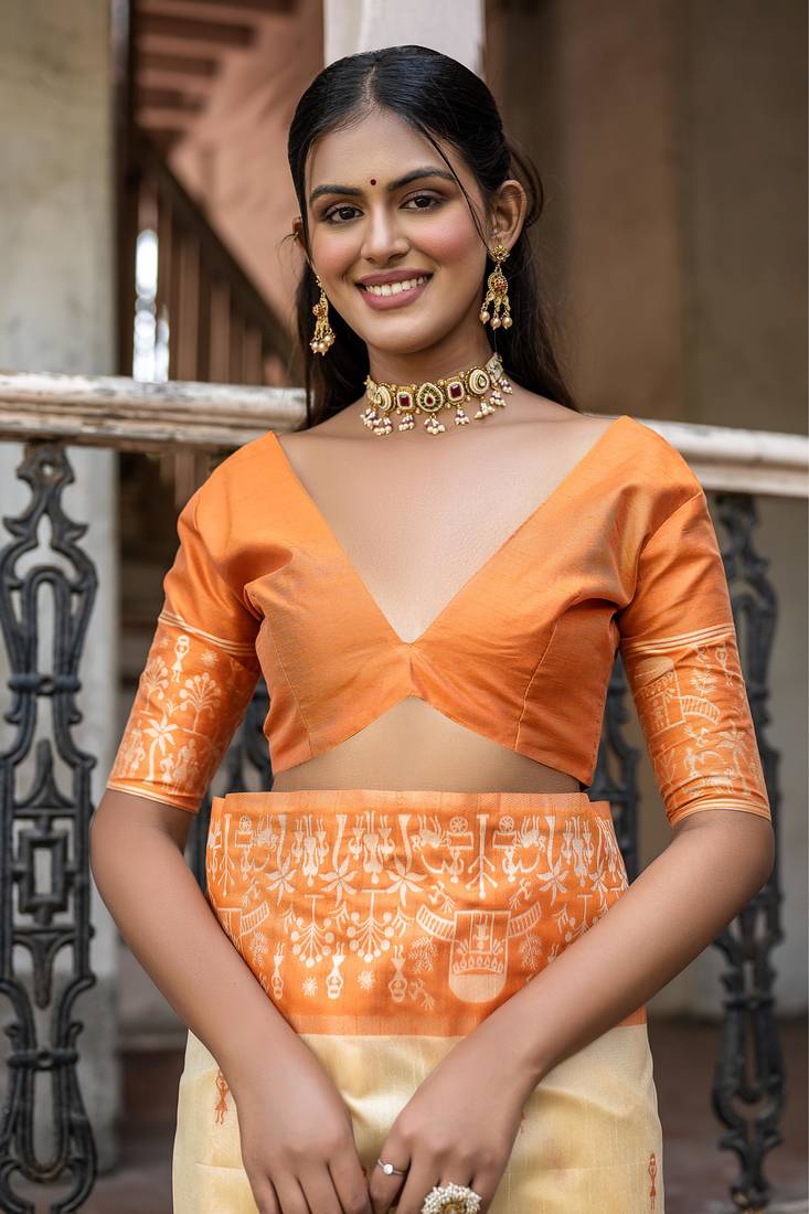 Orange Soft Raw Silk Saree Contrast Weaving Border With Fancy Tassels And Contrast Blouse For Women