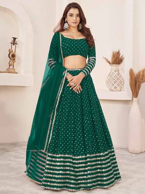 teal georgette sequins work lehenga set choli with dupatta with zari net dupatta 1