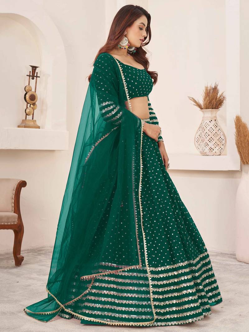 Teal Georgette Sequins Work Lehenga Choli with Zari Net Dupatta