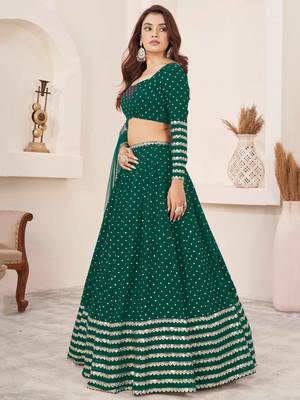 teal georgette sequins work lehenga set choli with dupatta with zari net dupatta 3
