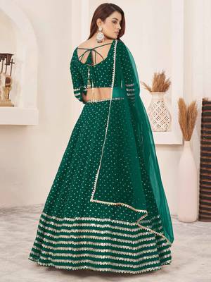 teal georgette sequins work lehenga set choli with dupatta with zari net dupatta 4