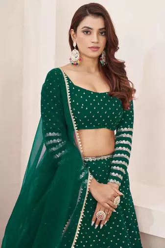 teal georgette sequins work lehenga set choli with dupatta with zari net dupatta