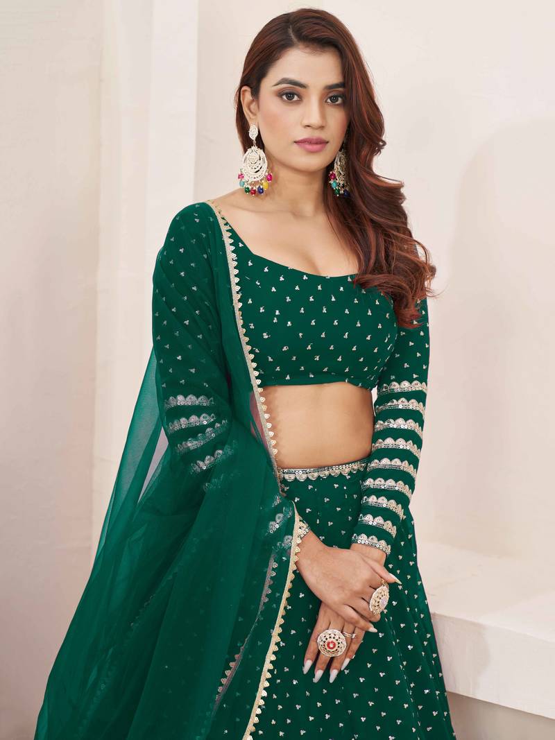 Teal Georgette Sequins Work Lehenga Choli with Zari Net Dupatta
