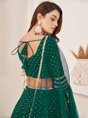 teal georgette sequins work lehenga set choli with dupatta with zari net dupatta 6