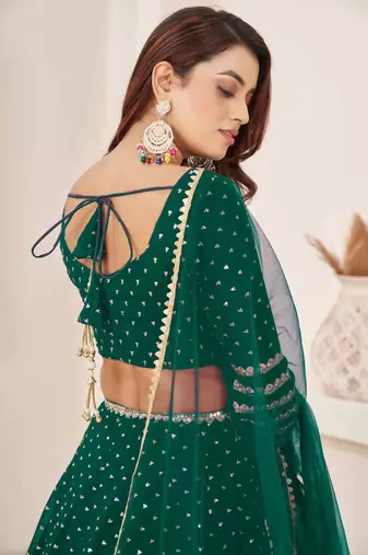 teal georgette sequins work lehenga set choli with dupatta with zari net dupatta