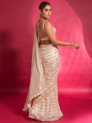 Mesmerizing Off-White Sequins Georgette Traditional Saree With Blouse 3