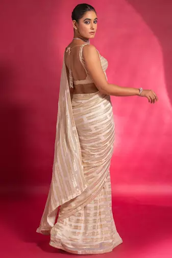 Mesmerizing Off-White Sequins Georgette Traditional Saree With Blouse