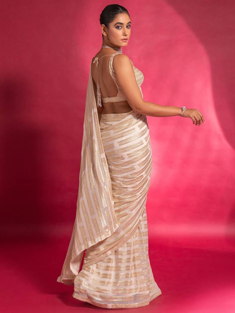 Mesmerizing Off-White Sequins Georgette Traditional Saree With Blouse