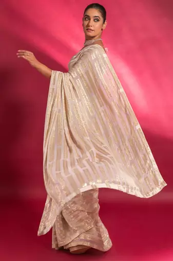 Mesmerizing Off-White Sequins Georgette Traditional Saree With Blouse