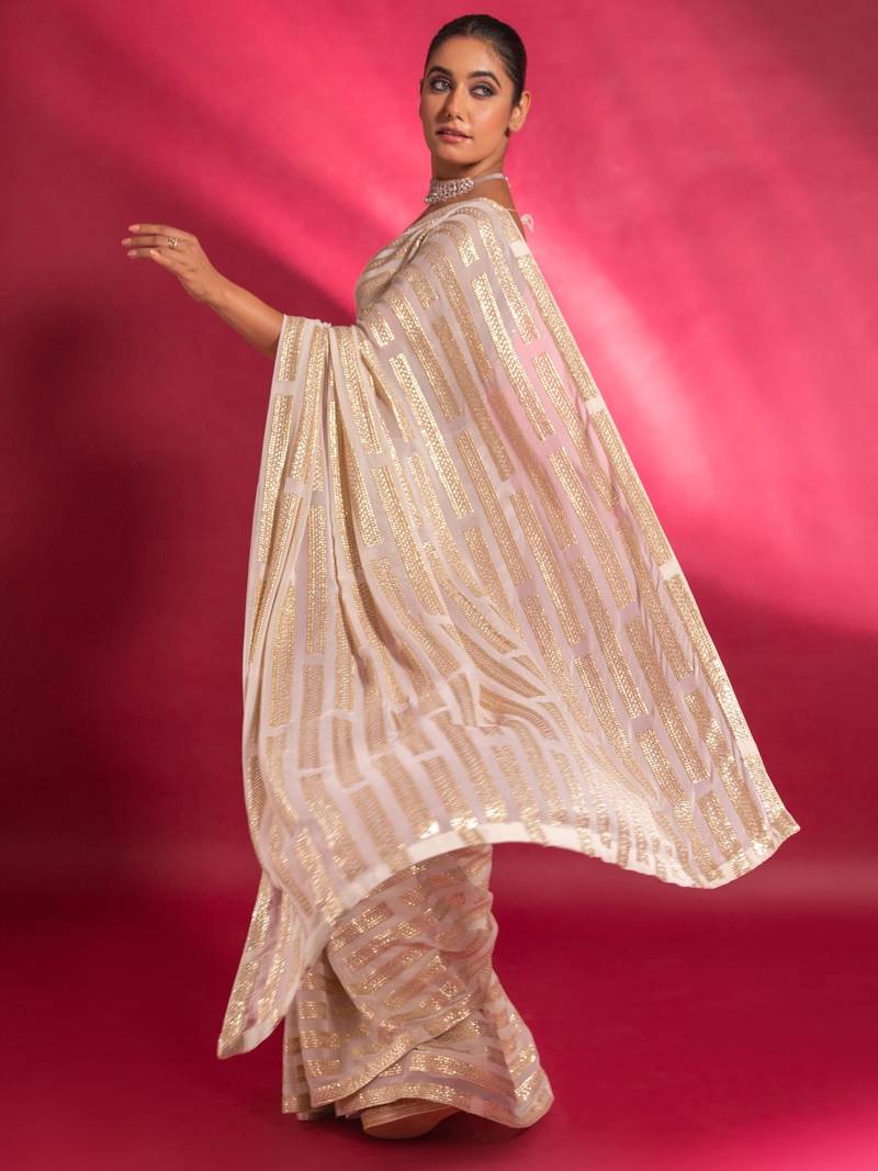 Mesmerizing Off-White Sequins Georgette Traditional Saree With Blouse