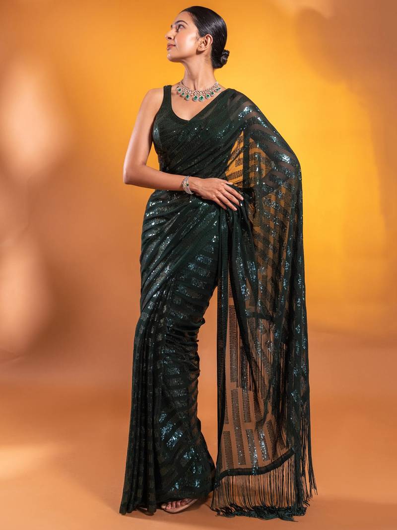 Glamorous Green Sequins Georgette Party Wear Saree With Blouse