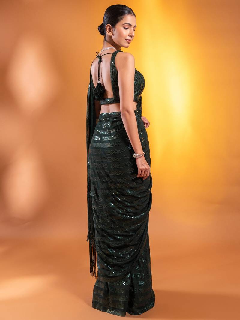 Glamorous Green Sequins Georgette Party Wear Saree With Blouse