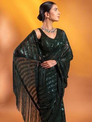 Glamorous Green Sequins Georgette Party Wear Saree With Blouse 4