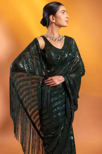 Glamorous Green Sequins Georgette Party Wear Saree With Blouse