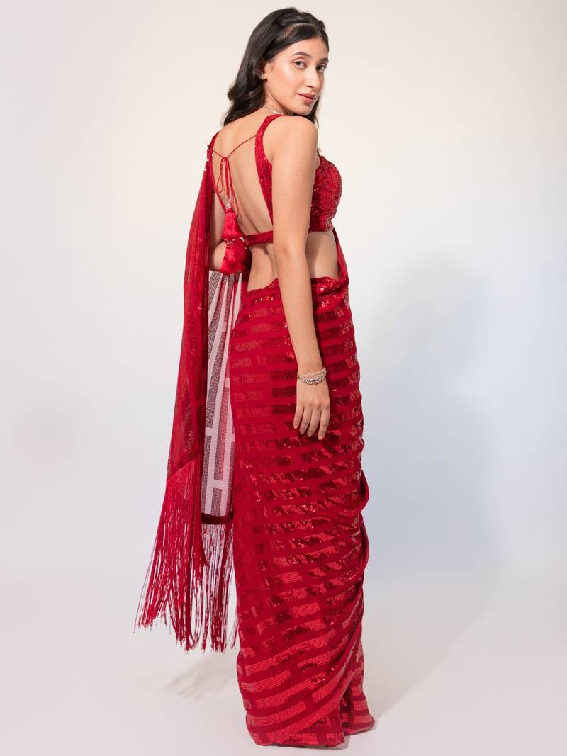 Captivating Red Sequins Georgette Event Wear Saree With Blouse