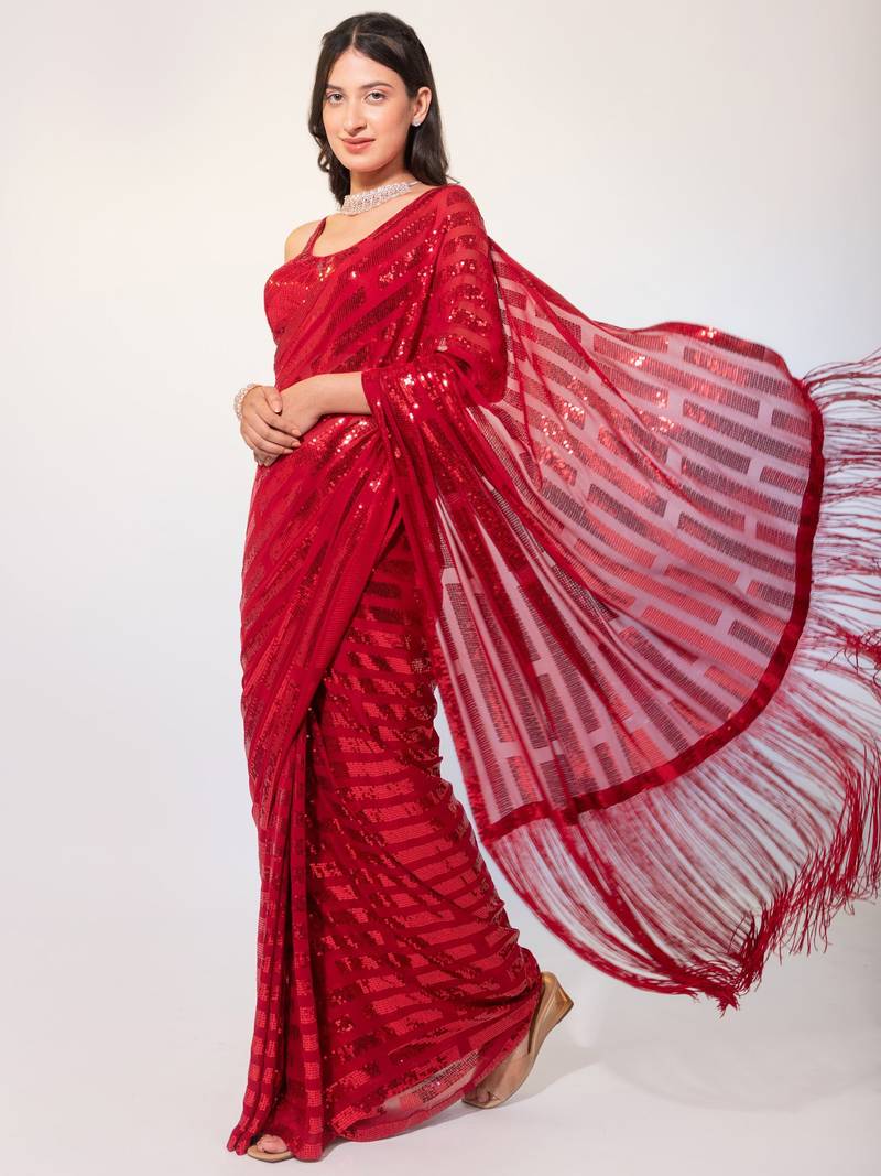 Captivating Red Sequins Georgette Event Wear Saree With Blouse