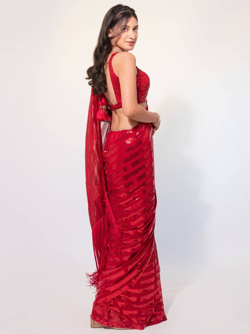 Captivating Red Sequins Georgette Event Wear Saree With Blouse