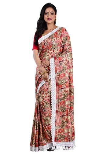 Aishani Collection Embroidered Sequine Work Printed Designer Silk Saree with bp (Light Red,Multicolor