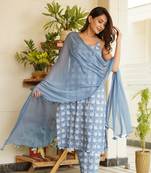 Blue floral strap cotton kurta set