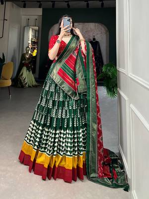 Traditional Printed Tusser Silk Lehenga with Unstitched Choli 1