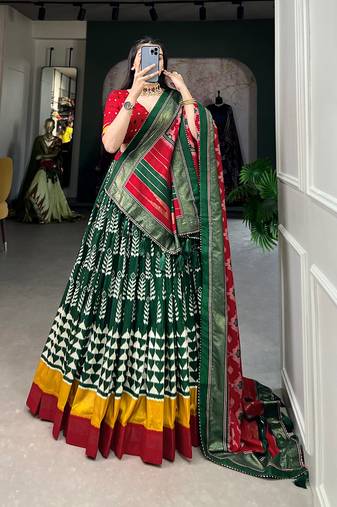 Traditional Printed Tusser Silk Lehenga with Unstitched Choli