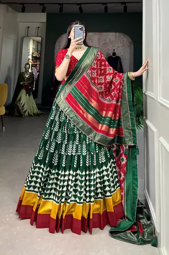 Traditional Printed Tusser Silk Lehenga with Unstitched Choli
