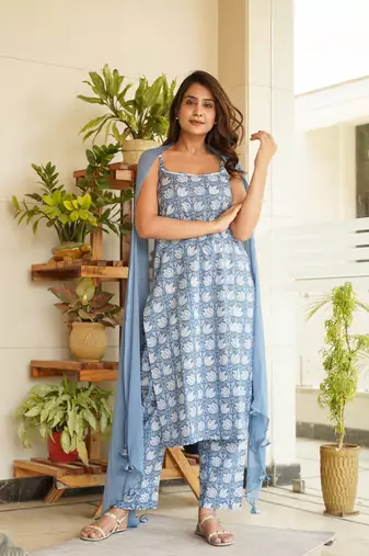 Blue floral strap cotton kurta set