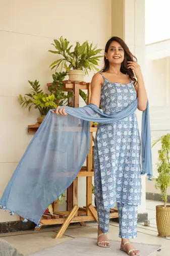 Blue floral strap cotton kurta set