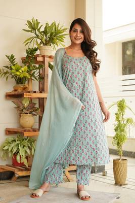 Sky blue floral strap cotton kurta set 1