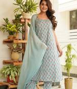 Sky blue floral strap cotton kurta set