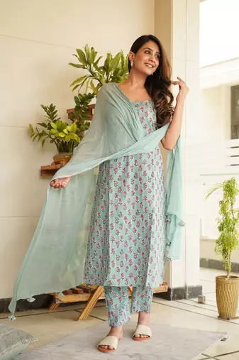 Sky blue floral strap cotton kurta set