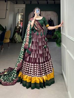 Traditional Printed Tusser Silk Lehenga with Unstitched Choli 1