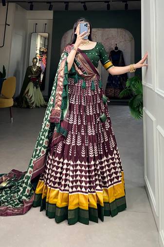 Traditional Printed Tusser Silk Lehenga with Unstitched Choli