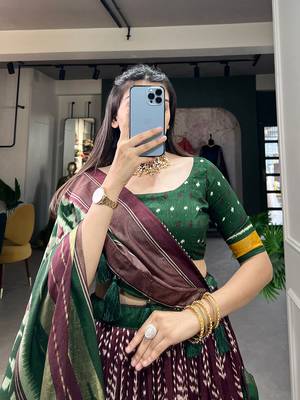 Traditional Printed Tusser Silk Lehenga with Unstitched Choli 2