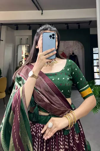 Traditional Printed Tusser Silk Lehenga with Unstitched Choli
