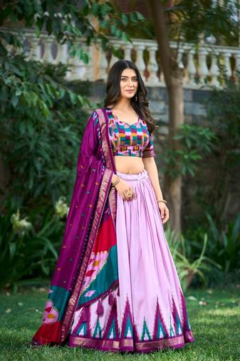 Luxurious Tussar Silk Print With Foil Work Lehenga with Unstitched Choli