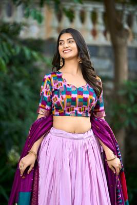Luxurious Tussar Silk Print With Foil Work Lehenga with Unstitched Choli 4