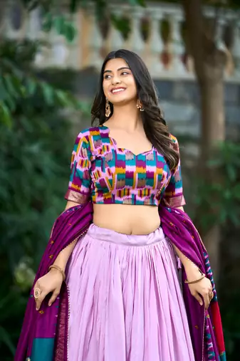 Luxurious Tussar Silk Print With Foil Work Lehenga with Unstitched Choli
