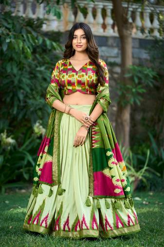 Luxurious Tussar Silk Print With Foil Work Lehenga with Unstitched Choli