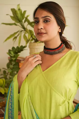 Lime green angrakha kurta set